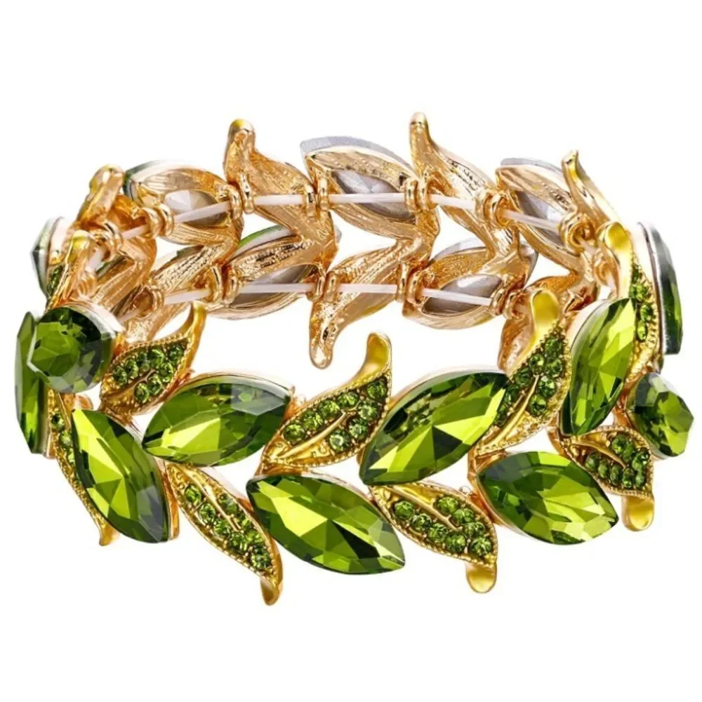 Yellow Gold and Green Peridot Austrian Crystal Leaf Stetchable Bracelet Bangle